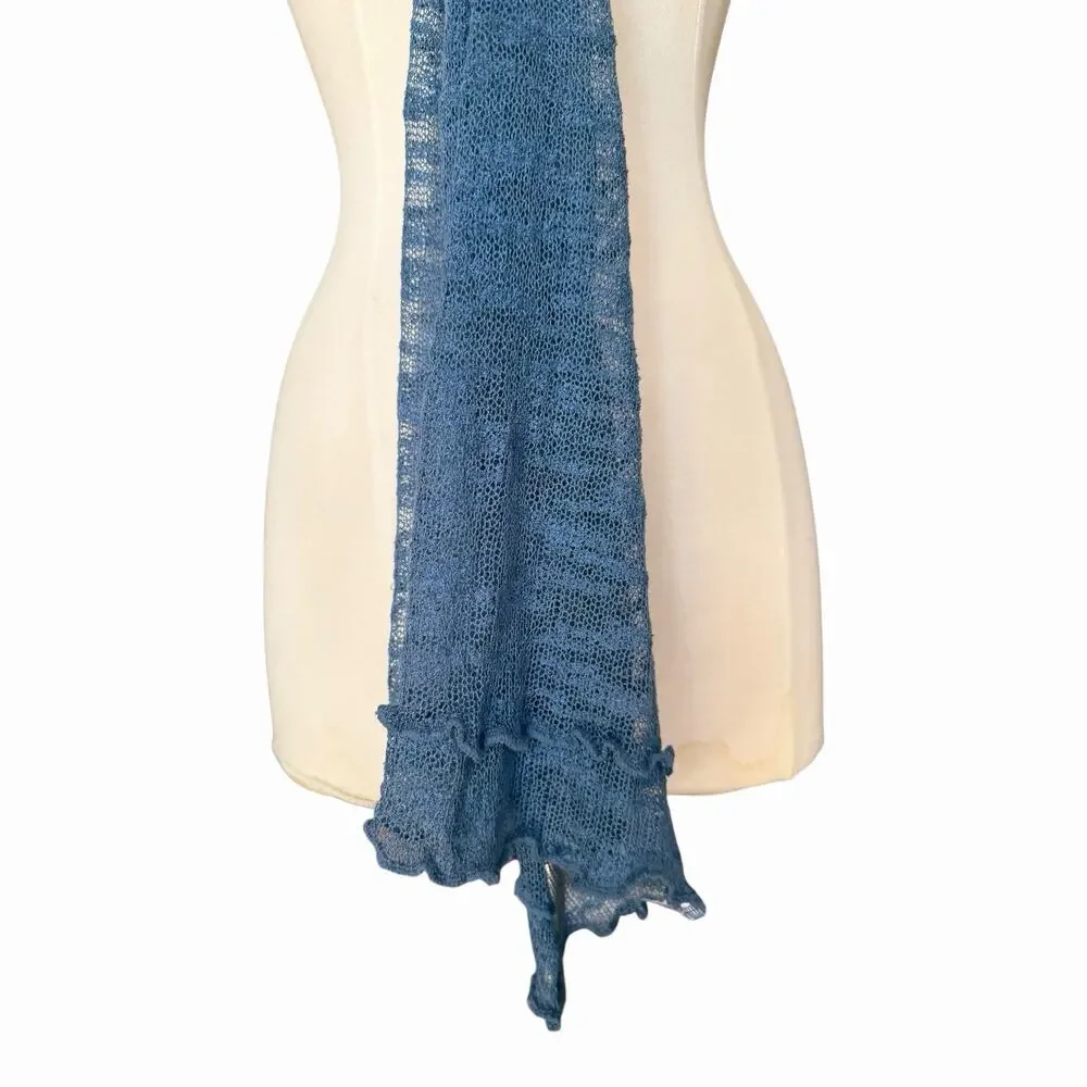 Vintage Blue Handwoven Silk Scarf Lightweight Open Weave Wrap Artisan Scarf